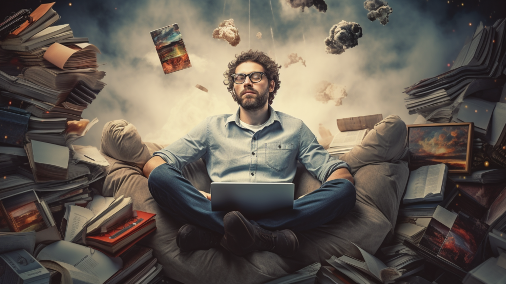 Man surounded by knowledge but cant move away from it